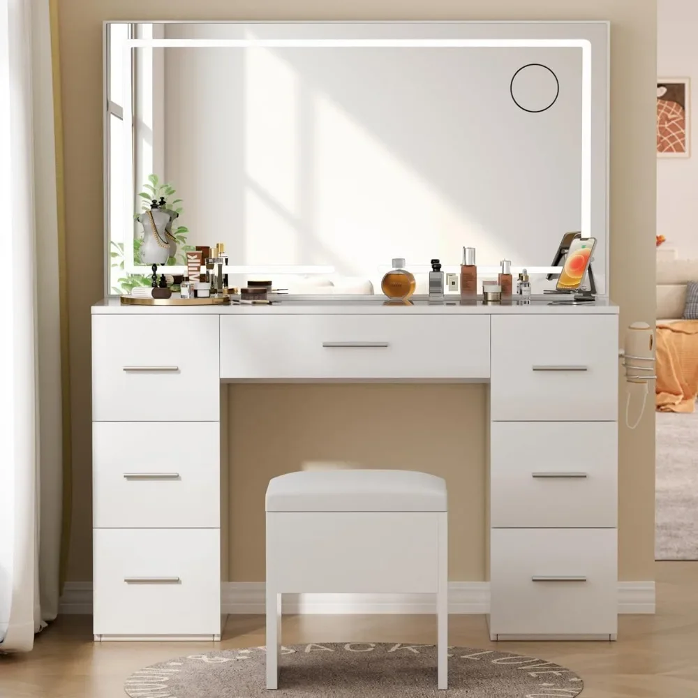 Makeup Vanity Desk with Power Outlet, 46'' Glass Top Vanity Set, 7 Drawers Vanity Table with Cushioned Stool, 3 Lighting Modes B