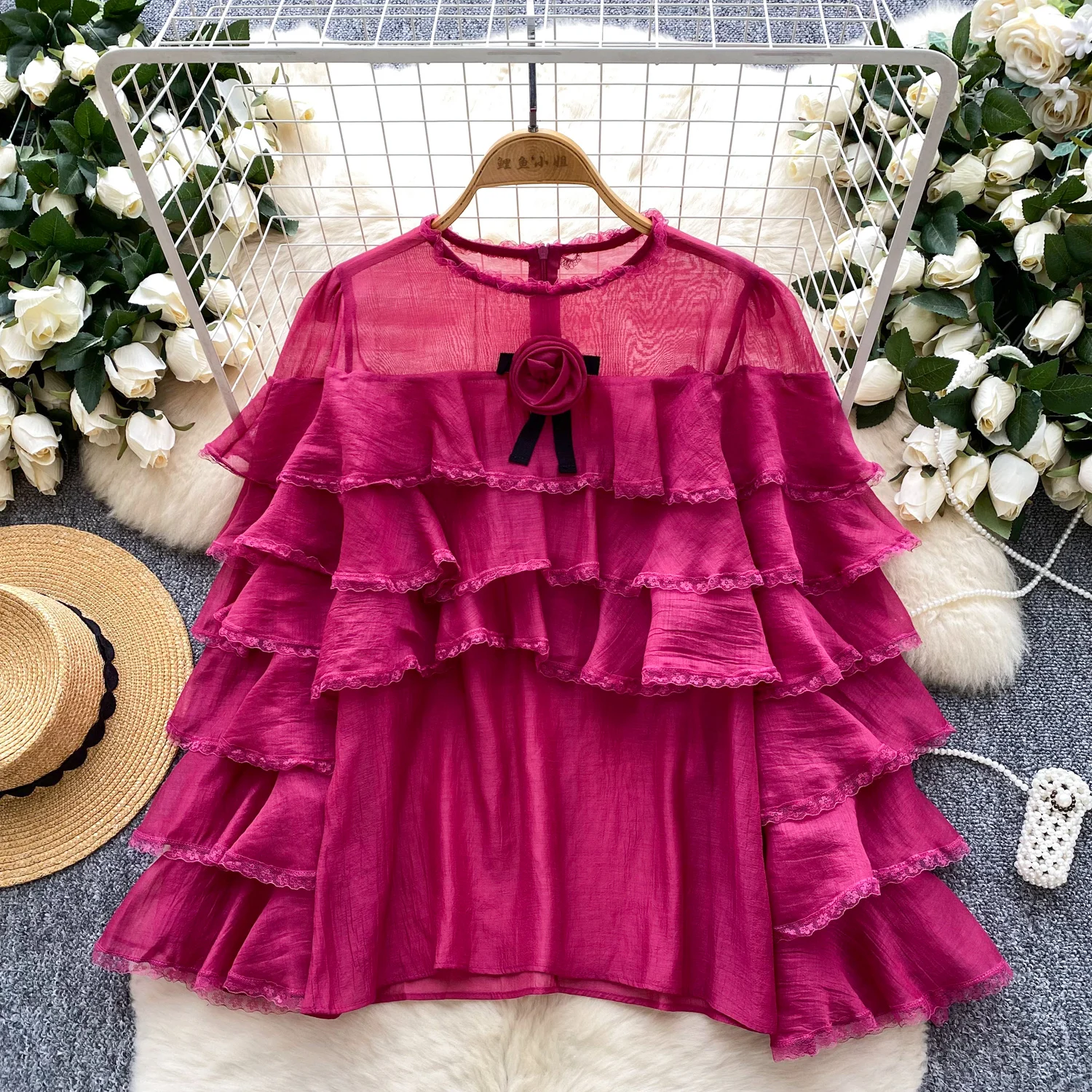 Camicetta vintage con volant O-Collo manica lunga Elegante moda donna hotsweet Camicia abbigliamento donna