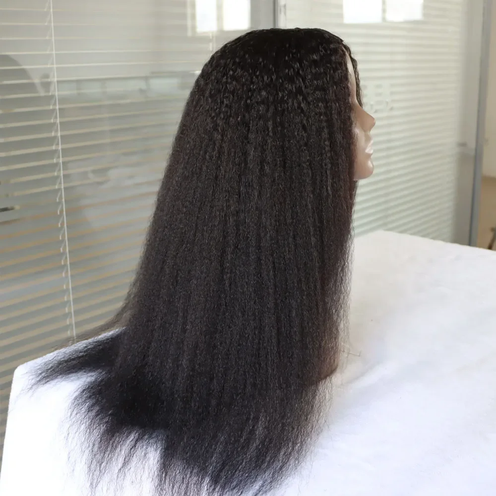 Soft Glueless 30inch Natural Black Yaki Kinky Straight Lace Front Wig For Women With BabyHair Preplucked Synthetic Daily Wig