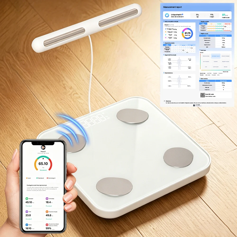Balance intelligente à 8 électrodes, impédancemètre électronique numérique, balance de poids, composition corporelle, masse graisseuse, masse hydrique, masse musculaire, IMC