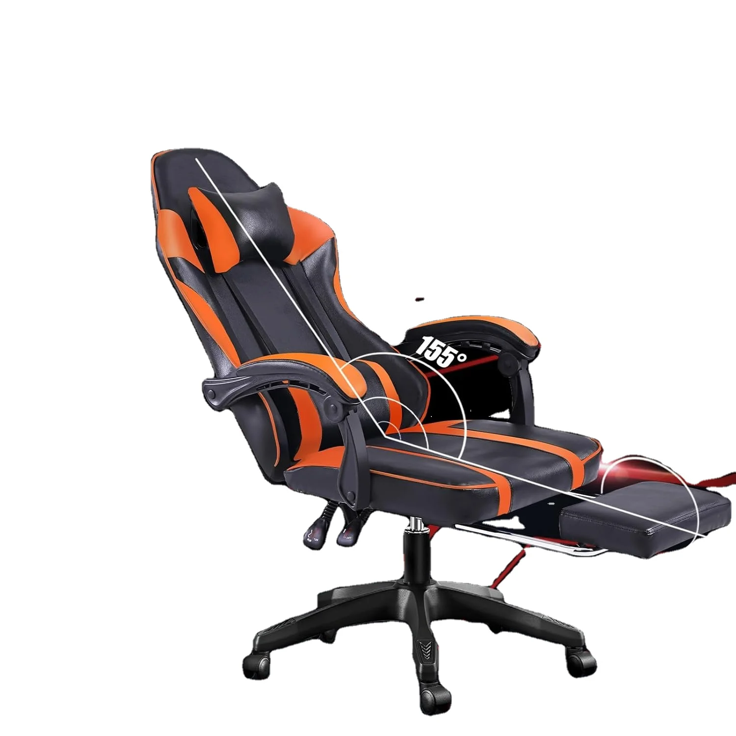 

Adjustable Orange Lift Gaming Chair with Revolving Feature Synthetic Leather Material Stainless Steel Lumbar Pillow Footrest