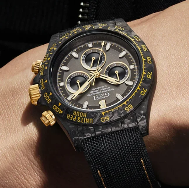 BONEST GATTI Men Automatic Watch Pilot 39mm Chronograph Mechanical Wristwatch Carbon Fiber Case Luminous Sapphire Mirror