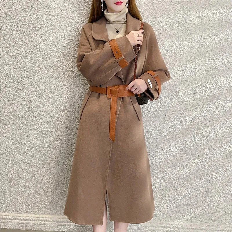 

Fashion Splicing Wool Coat 2022 New Belt Long Woolen Coat Women's Fashion Casual Spring And Autumn Coat High Quality Ladies