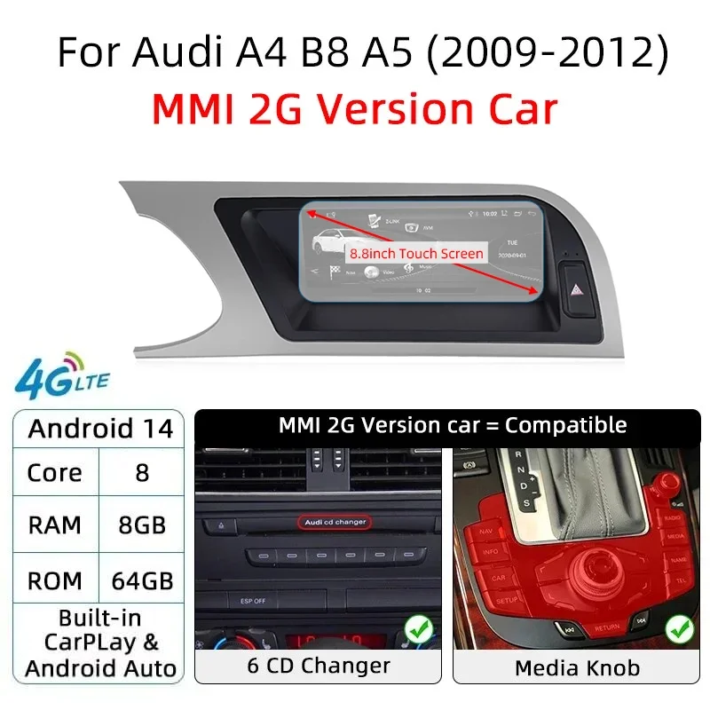 Audi A4 B8 A5 2008-2015 CarPlay Android 14 8+128GB