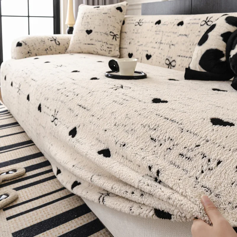 Winter Love Bow Plush Sofa Cover Thick Warm and Elastic Couch Slipcover Soft All-Inclusive Armchair Protector for Living Room