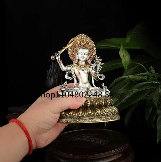 15CM Tibet Silver Plated Manjushri Buddha Copper Statue