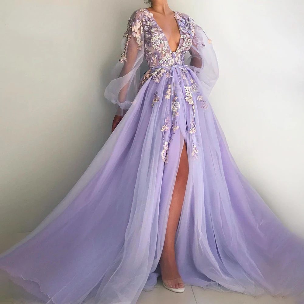 

Flower Prom Dress Appliques Beading V-Neck Long Sleeves Illusion Evening Dresses Lavender Floor Length Robe de soiree 2022