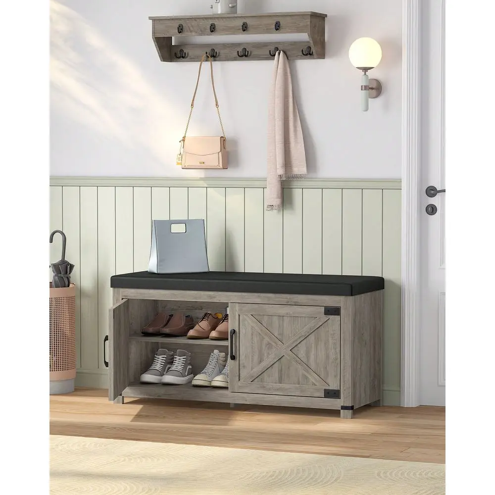 

Farmhouse Shoe Storage Bench, 2 Tier Shoe Bench With Padded Seat Cushion 2 Barn Doors, Entryway Bench With Adjustable Shelf, Sh