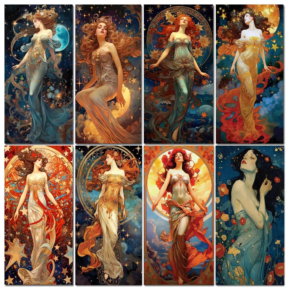 DIY Night Beautiful Gold Hair Woman Stars,Vintage 19th Century Large DIY Diamond Painting Cross Stitch Mosaic Diamond Embroidery