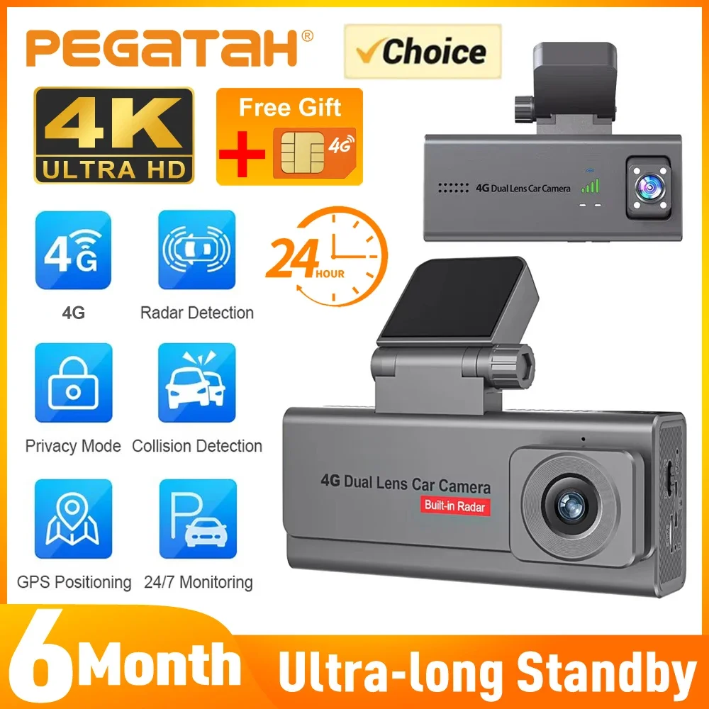

PEGATAH 4G Car Surveillance Camera GPS Dual Lens Dashcam Human Detection All Round 24/7 Parking Monitoring 6 Months Long Standby