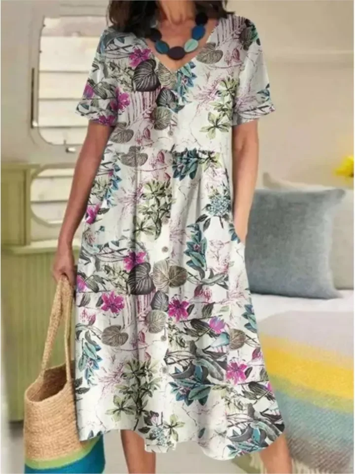 Abito casual con stampa floreale Lady Fashion manica corta scollo a V abiti vintage larghi per le donne Boho Holiday Abbigliamento donna estivo