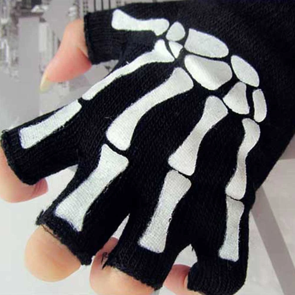 Skull Punk Gloves Neutral Half Finger Ghost Claw Knitted Gloves Exposed Finger Spot Nightlight Fingerless Elastic Gloves