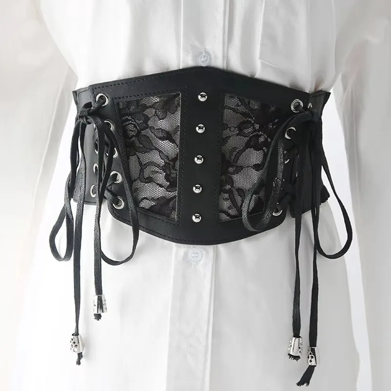 

PU Leather Lace Ladie Wide Belt High Waist Elastic Corset Dress Shirt Decorative Waistband Corset Black Sexy Bandage Girdle Belt