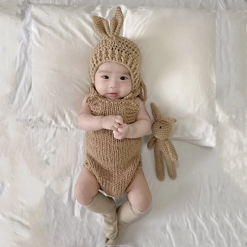 Newborn Photography Outfit Bunny Outfits for Photo Knitted Baby Jumpsuit Hat Teddy Bear Doll Infant Photoshoot Props Clothing