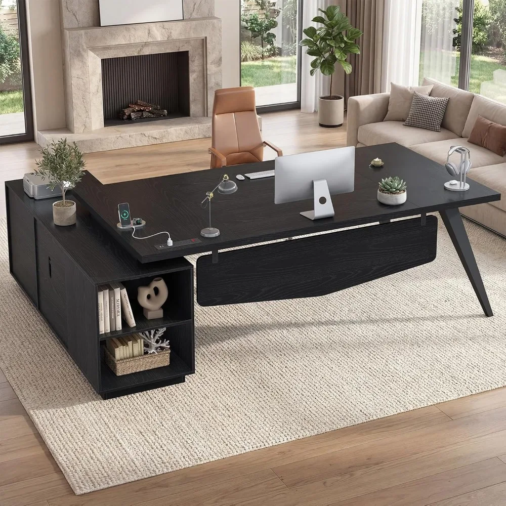 70.3 inch L Shaped Executive Desk with Power Outlets, Large Home Office Desk with Storage Drawers and File Cabinet, Modern Computer Desk with Shelves, Black Business Furniture, Square Tapered Legs