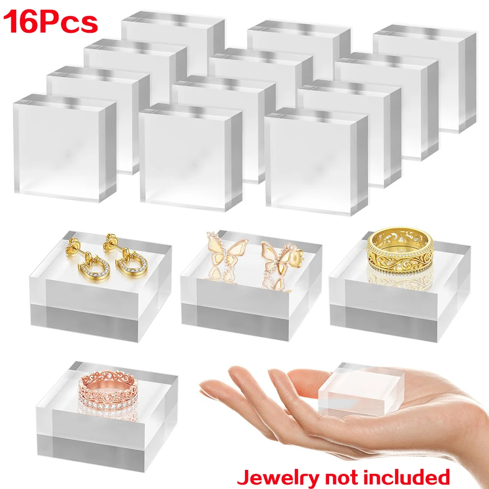 16 Pcs Clear Acrylic Blocks Square Display Block Clear Polished Cube Acrylic Jewelry Display Stand Ring Showcase Holder Base Set