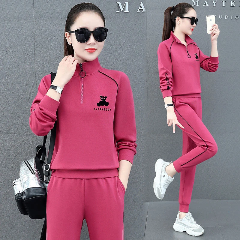 

Spring Autumn Korean Sports And Casual Set Women's Fashion Cartoon Printed Slim Half High Neck Running Suit Two-piece Set