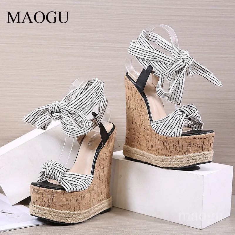 

Striped Bow Wrap Ankle Strap Wedge Sandals for Women Super High Heel Platform Shoes Height Increased Female Sandalias Mujer