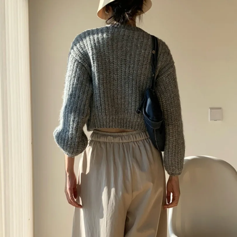سترة نسائية فضفاضة محبوكة برقبة مستديرة وقصيرة للخريف والشتاء بأسلوب كوري ناعم ومريح بنسيج كابل مفتوح #2