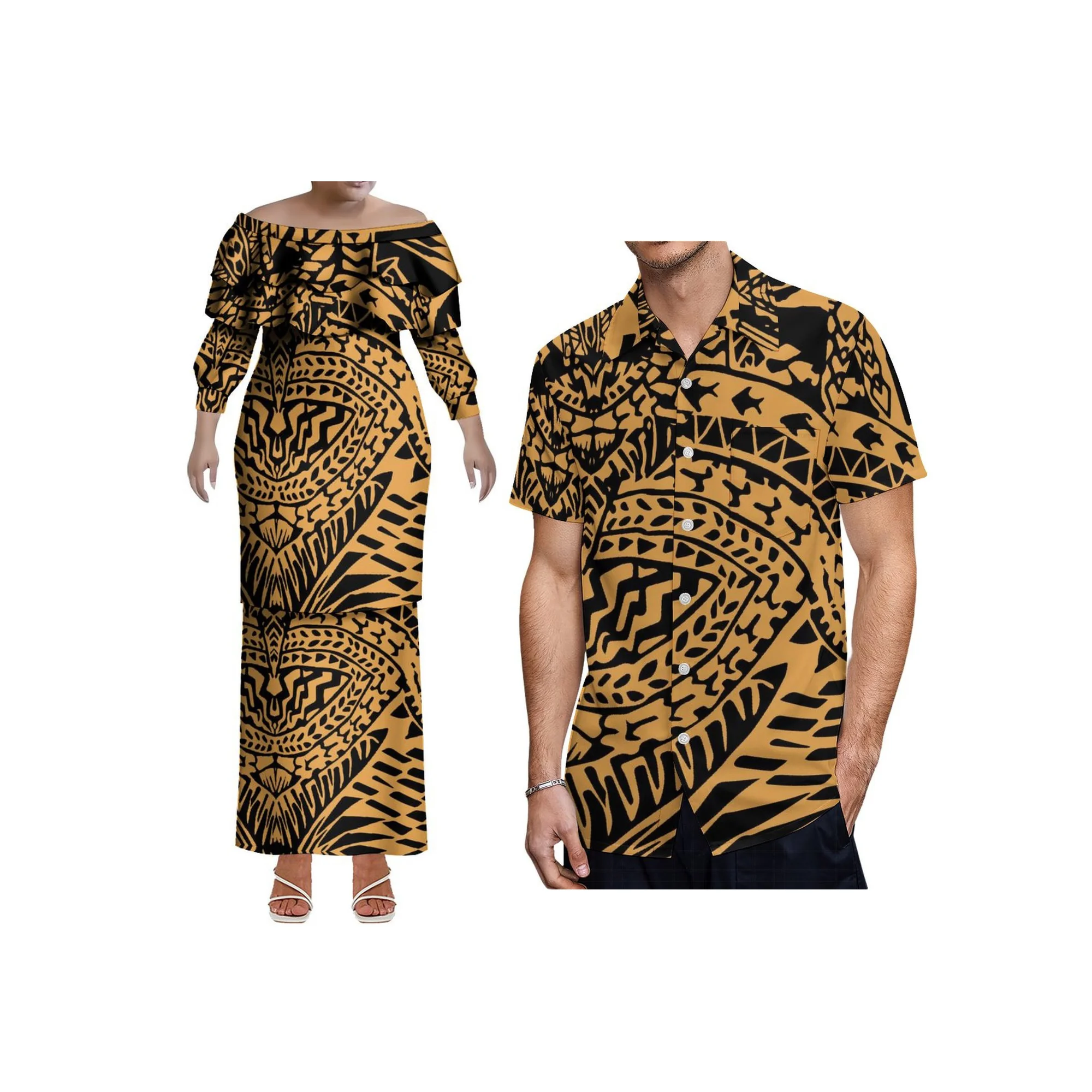 New Style Polynesian Design Double Layered Ruffles Off Shoulder Samoan Puletasi Set Dress 2pcs Custom Ladies Two Pieces Set Dres