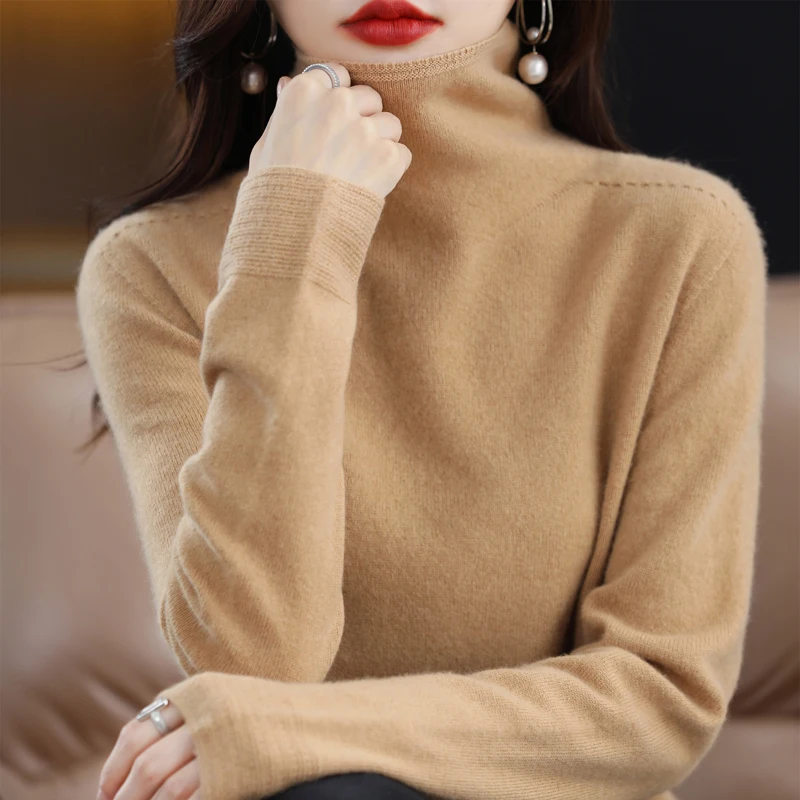 Autumn/Winter Women\'s Turtleneck Sweater 100% Merino Wool 2024 New Women\'s Solid Color Pullover Sweater Solid Basic Sweater