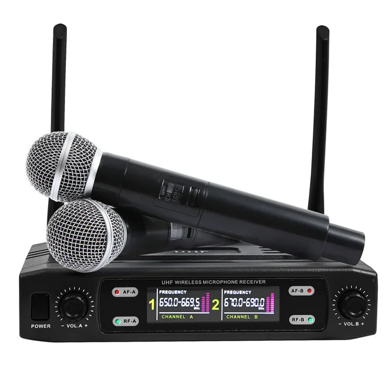 Professional UHF Wireless Microphone Dual Channel Handheld Karaoke Mic System for DJ Stage Church Party School Speaker Meeting