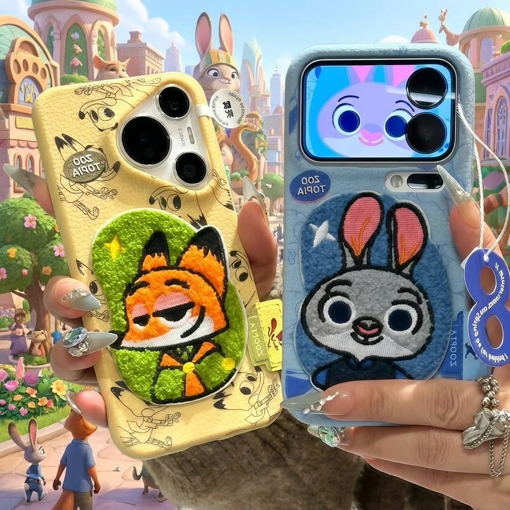 

Zootopia Phone Case Autumn Winter Judy Nick Embroidery iPhone 17 Phone Case Couple iPhone 16 Cartoon Protective Cover Leather