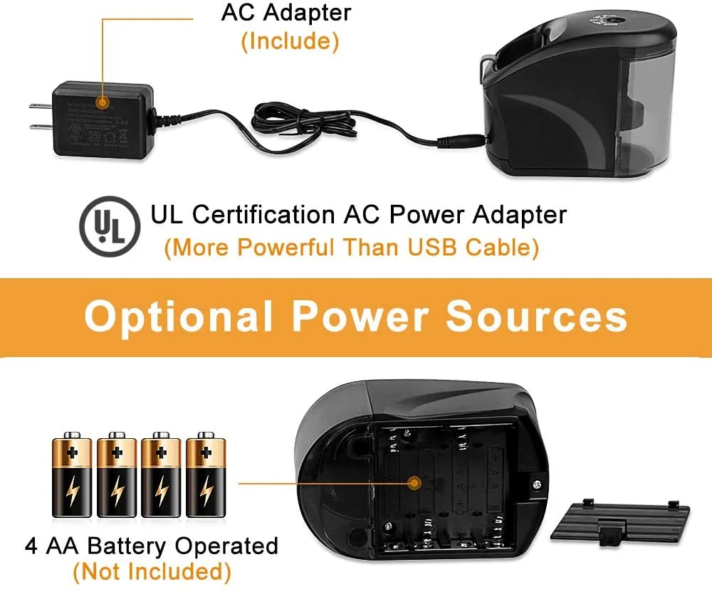 Imagem -02 - Apontador de Lápis Elétrico Adaptador de Energia Incluir Bateria Operado com Suporte Fonte Escolar para Sala de Aula