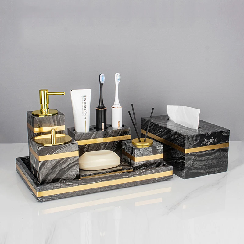 Tree Black Natural Marble Bathroom Accessories Set Luxury Gold Soap Dispenser Toothbrush Holder Soap Dish Bathroom Set