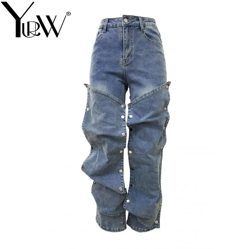 

YUERWAN Women Jeans 2025 Spring Autumn High Waist Solid Straight Jeans Fashion All Match Loose Long Solid Denim Pants Trousers