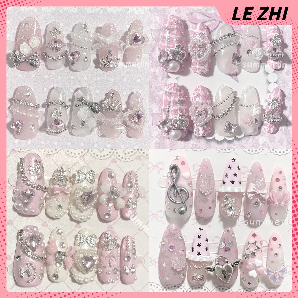 

Japanese Princess Style Pink Press On Nails Art Almond Pearl Diamond Love Camellia Bow Design Handmade Romantic Party Gifts Nail