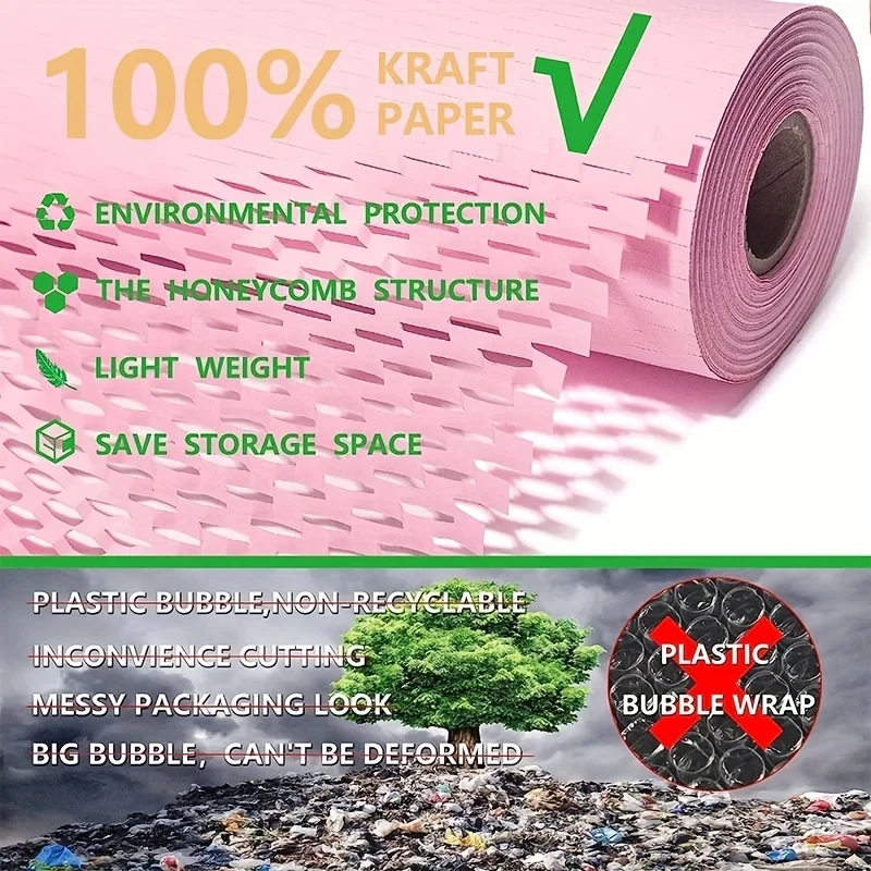 14.9inch x 16.4ft Pink Honeycomb Packing Paper Eco Friendly Recyclable Cushion Material Moving Shipping Supplies Kraft Paper