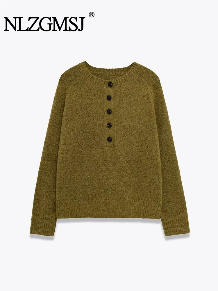 

NLZGMSJ повседневный шикарный женский свитер, однотонный пуловер с круглым вырезом на пуговицах, вязаный свитер с длинными рукавами, модный осенний праздничный свитер 2025 г.