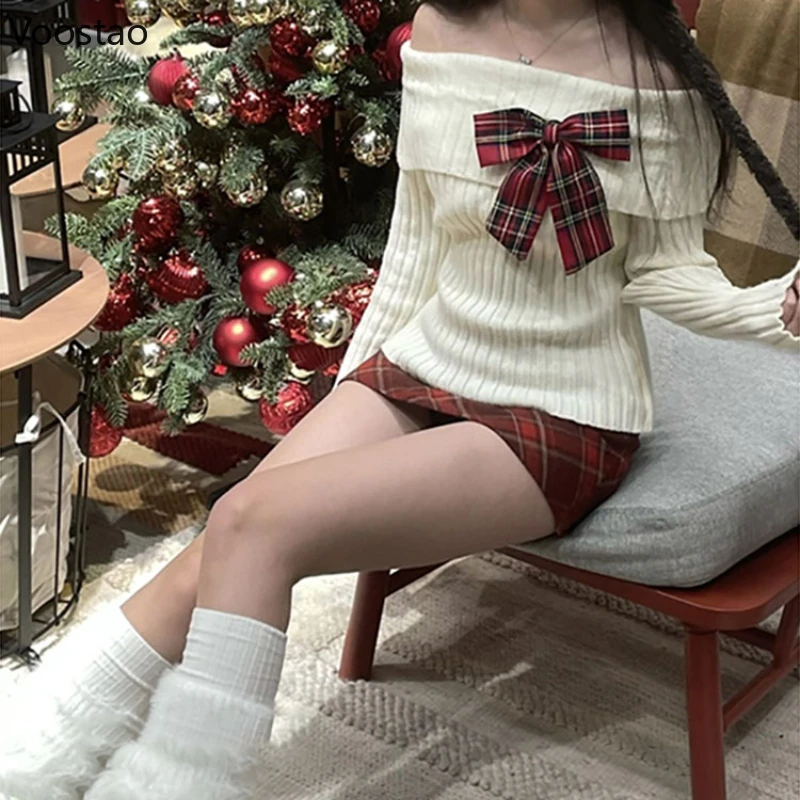 Autumn Winter Sweet Knitted Two Piece Sets Women Elegant Bow Sweater Tops Retro Plaid Mini Skirt Suit Harajuku Sexy Y2k Outfits