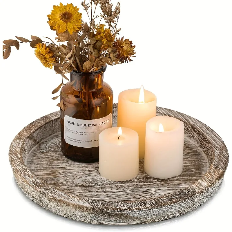 

1pcs Vintage Round Tray - Multipurpose Coffee Table Decor Solid Wood Organizer with Candle Holder Home Desk Storage Accessories