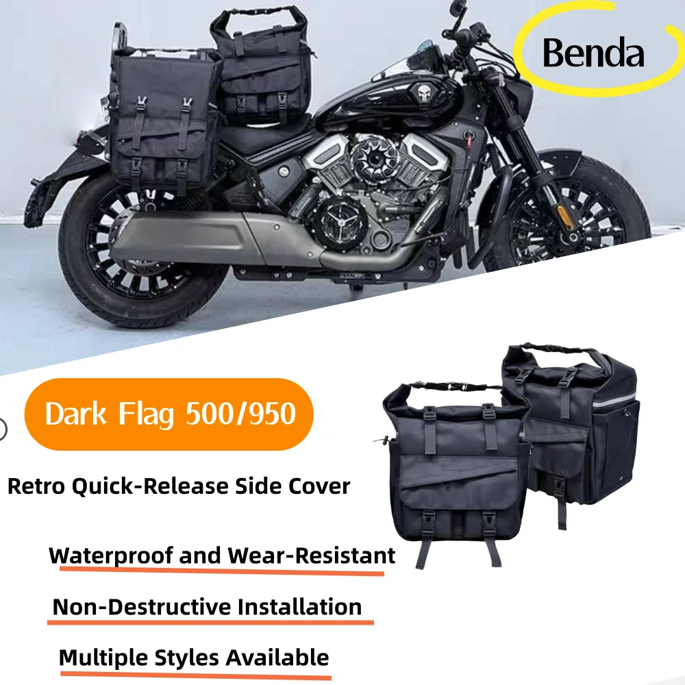 For Benda Dark Flag 950/500 Modified Retro Black Canvas Side Bag, Waterproof and Durable Rider Bag, Large Capacity Side Bag