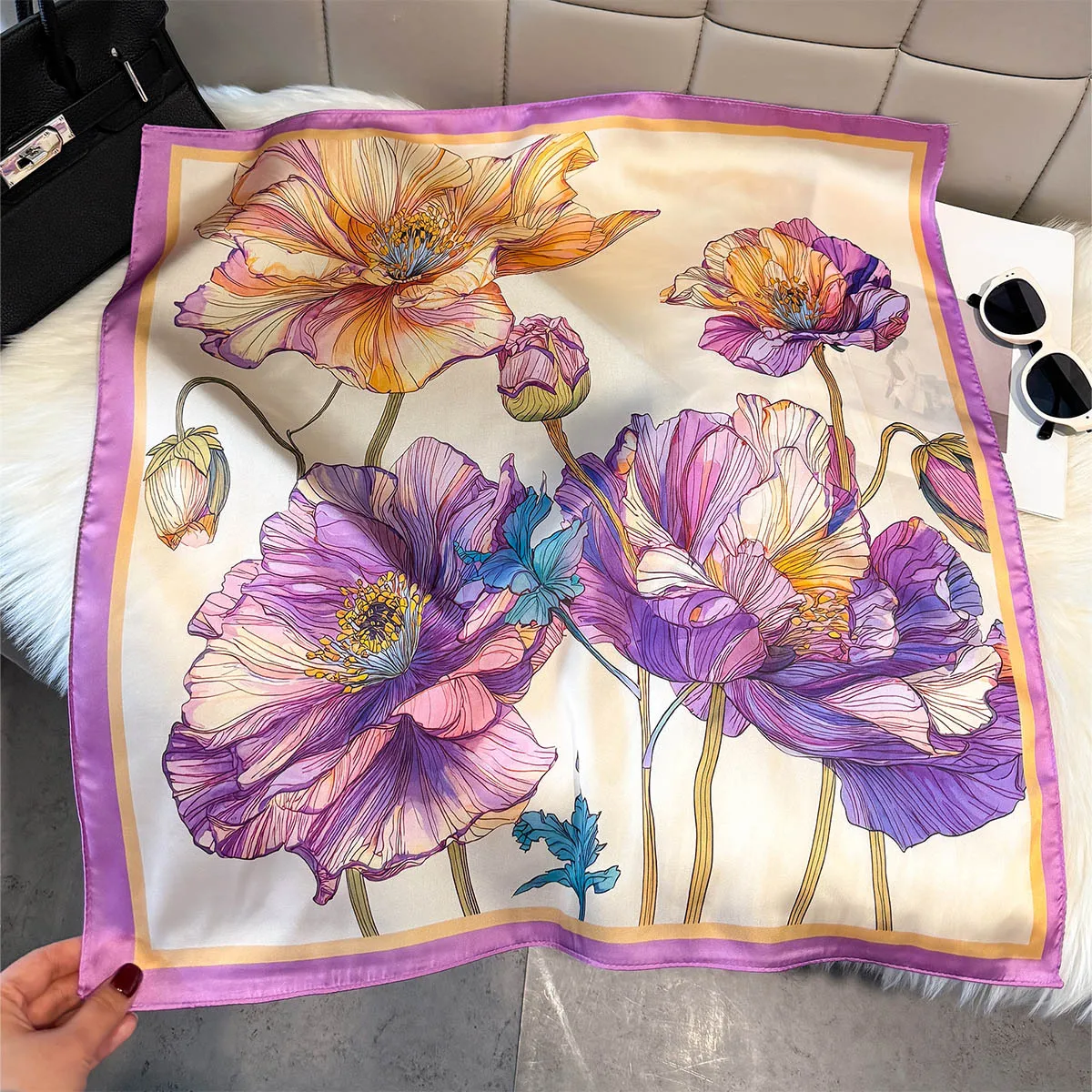 Quadratische Seidenschals mit Blumenmuster für Damen, Kopftuch, weicher Hijab, weibliches Foulard, Bandana, geeignet für alle Jahreszeiten, modische Dekoration, Halstuch