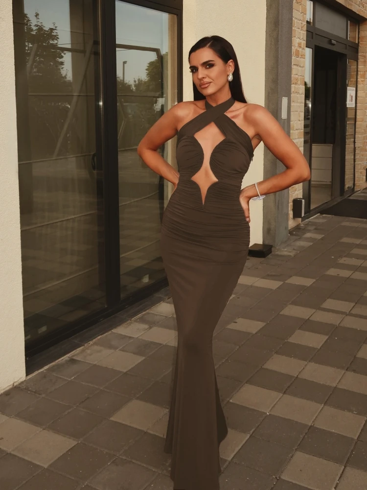 Sexy halter pescoço recorte dobras vestido longo feminino marrom sem mangas sem costas rendas ruched bodycon vestidos de festa à noite