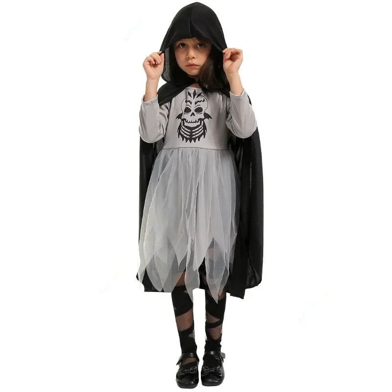 New Pattern Girls Ghost Skeleton Dress Halloween Horror Hooded Costume with Sickle Chain Props Kids Prom Performance Dress Up