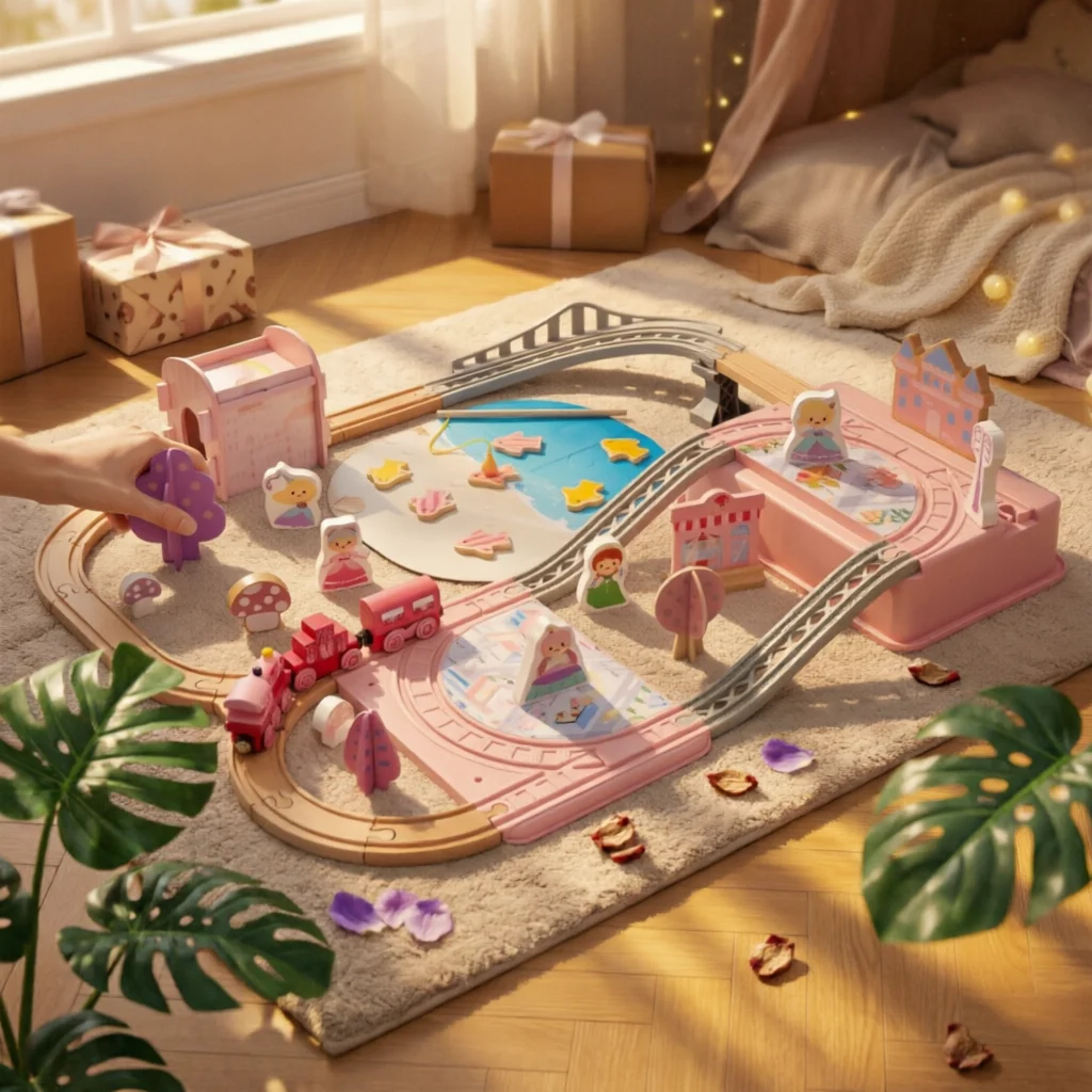 Castle Train Set with Storage Box Compact Train Set with Storage Box Portable Mixed-Material for Children, Playroom, Bedroom