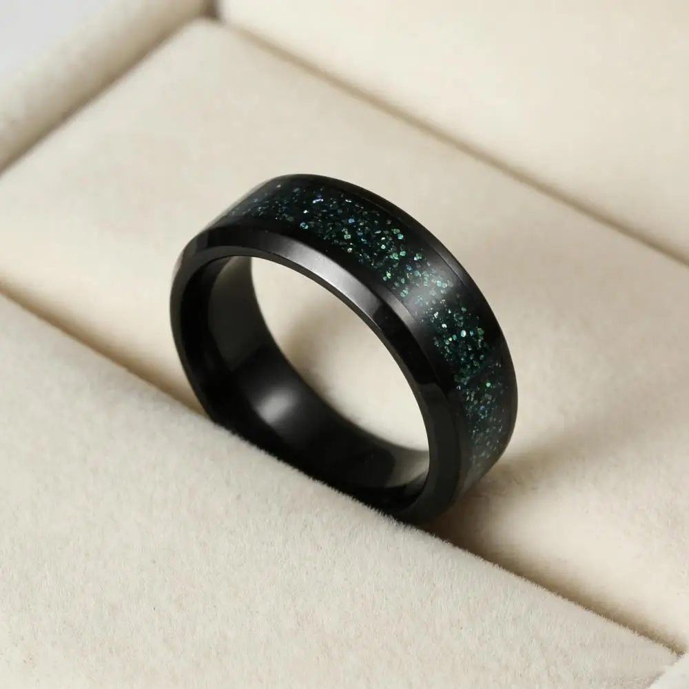 Stainless Steel Rings For Men Black Color Vintage 8MM Wide Green Enamel Starry Male Engagement Wedding Bands Jewelry