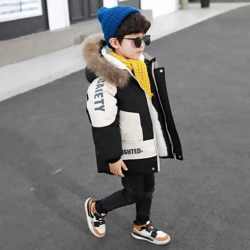 Boys Plus Velvet Jackets Winter Padded Thick Warm Cotton Clothes Kids Parka Hooded Snowsuit Coats 4-12 Years