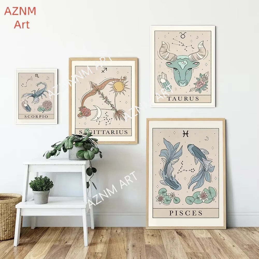 Bohemian Zodiac Tarot Cards Inspired Astrology Virgo Cancer Libra Poster Nordic Wall Art Canvas Painting Bed Room Home Decor