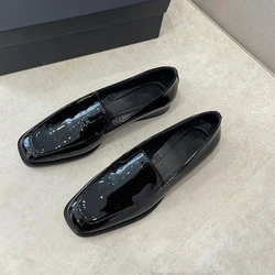 2024 New Women Spring Fashion Square Head Glossy Leather Shoes Solid England Style Low Heel Commute Shoes Female Chic