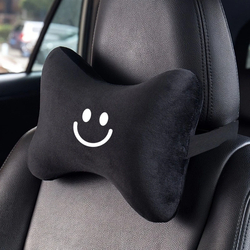 Black Bone-Shaped Car Neck Pillow with Cute Smiley Face, Car Headrest, Neck Support Pillow for Driving and Travel
