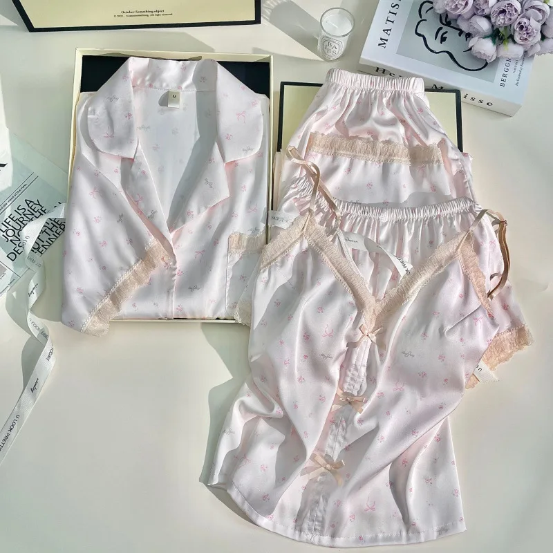 

Print Floral Satin Pajamas Set Sexy Pijama Home Clothes Long Sleeve Shirt Cmai Top Shorts Pants Pyjamas Femme Sleepwear