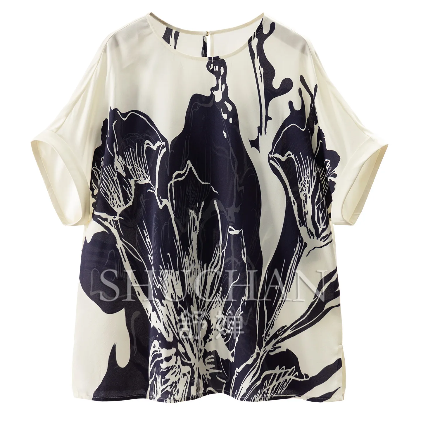 Luxury Printed Silk Twill Silk Cut Short Sleeve Shirt Women 61J9 Tops Mujer Blusas Femininas Elegantes