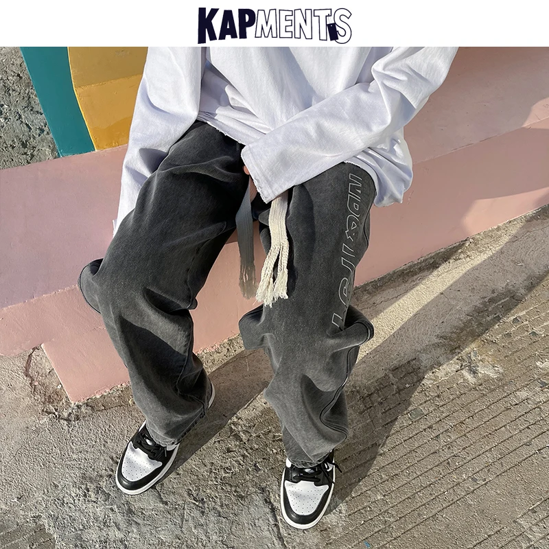 KAPMENTS Men Letter Baggy Streetwear Jeans Pants 2023 Mens Black Straight Graphic Denim Trousers Male Wide Leg Joggers Clothing