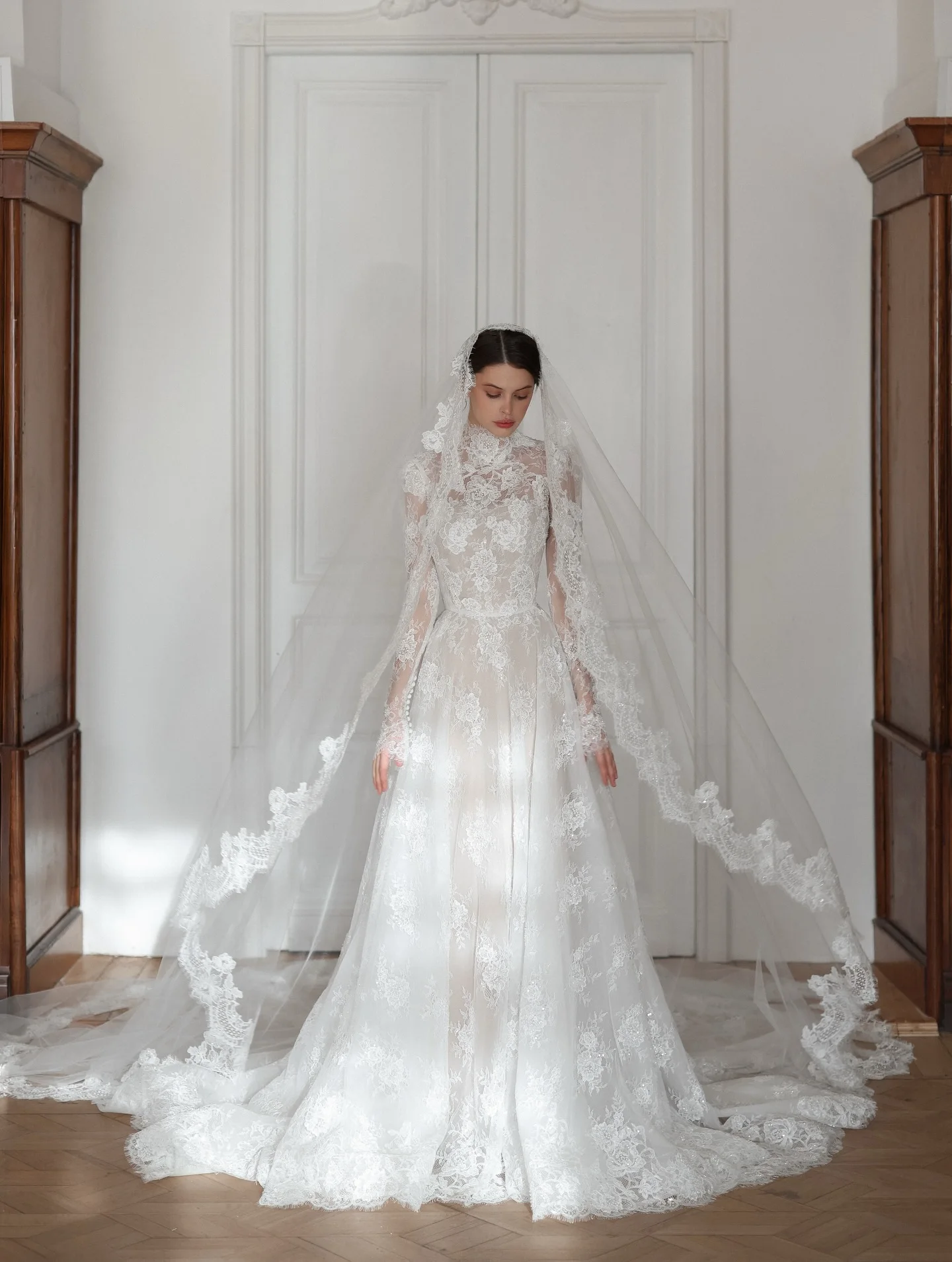 Sharon Said Luxury Lace Wedding Dress 2026 High Neck Long Sleeves A-line Bridal Gowns with Cathedral Train SW277 Customized
