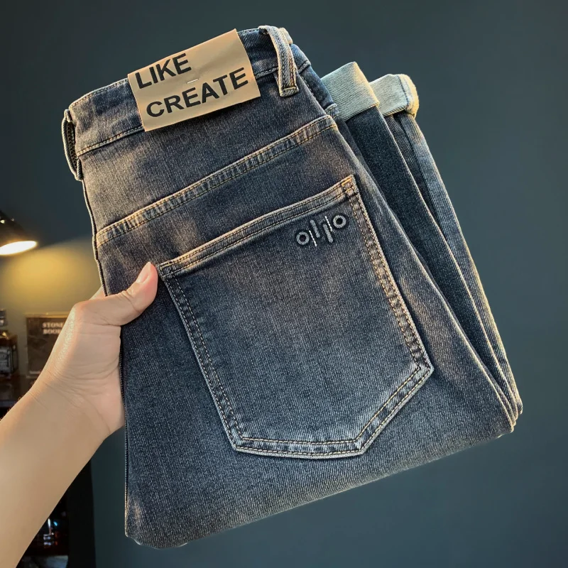 

Осенние новые высококачественные мужские джинсы, трендовые стираные универсальные повседневные эластичные мужские брюки с узкими штанинами